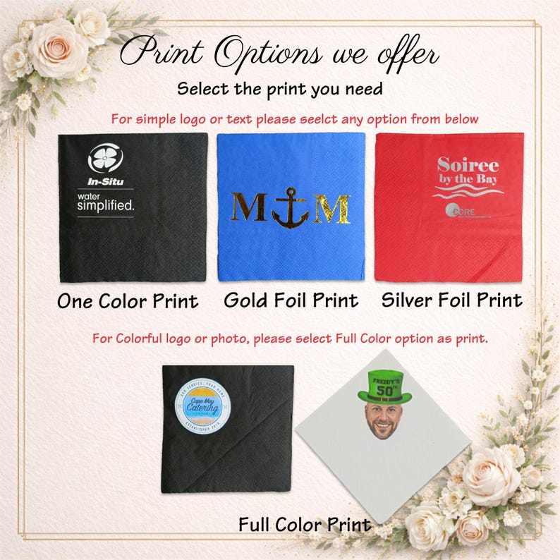 May include: A display of napkin print options featuring a black napkin with white text, a blue napkin with gold foil anchor monogram, a red napkin with silver foil text, a black napkin with a circular logo, and a white napkin with a photo print.