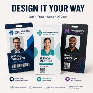 May include: Three rectangular identification badges with rounded corners. The left badge is blue and white with a photo, name, and barcode. The center badge is white and teal with a photo, name, and QR code. The right badge is black with a photo, name, and QR code.