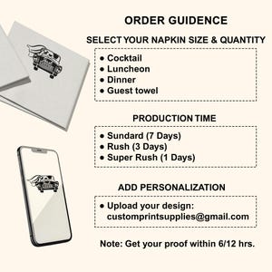 May include: White napkins featuring a black 'Just Married' car illustration, a smartphone showing the same design, and text detailing 'ORDER GUIDANCE', 'SELECT YOUR NAPKIN SIZE & QUANTITY', 'PRODUCTION TIME', 'ADD PERSONALIZATION', and an email address.