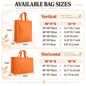 A detailed size guide presenting vertical and horizontal non-woven tote bag options. Each style includes an orange bag illustration with width, height, and side measurements clearly marked. Multiple dimensions are provided in centimeters and inches. The neutral cream-and-orange layout feels premium, organized, and easy for customers to understand before ordering.