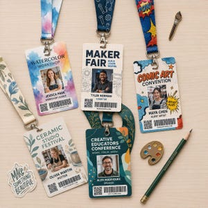 Peut inclure: Cinq badges d'événement avec cordons aux motifs variés, incluant aquarelle, bande dessinée et feuillage. Chaque badge présente une photo, un nom, une fonction, un code QR et un code-barres. Des accessoires comme un crayon et des broches sont présents.
