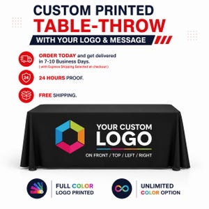 Custom logo stretch spandex tablecloth designed for trade shows, vendor events, weddings, and craft fairs to create a polished display.