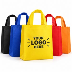 May include: A set of five rectangular tote bags in black, blue, yellow, red, and orange. The yellow bag in the center features the black text YOUR LOGO HERE with decorative lines. Each bag has two handles and a flat base for upright positioning.
