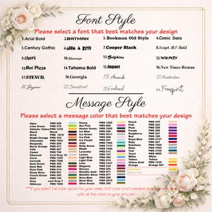 May include: A font and message colour selection chart featuring a list of 24 numbered font styles and a comprehensive grid of colour names with corresponding PMS codes, framed by floral illustrations and text instructions for design customisation.