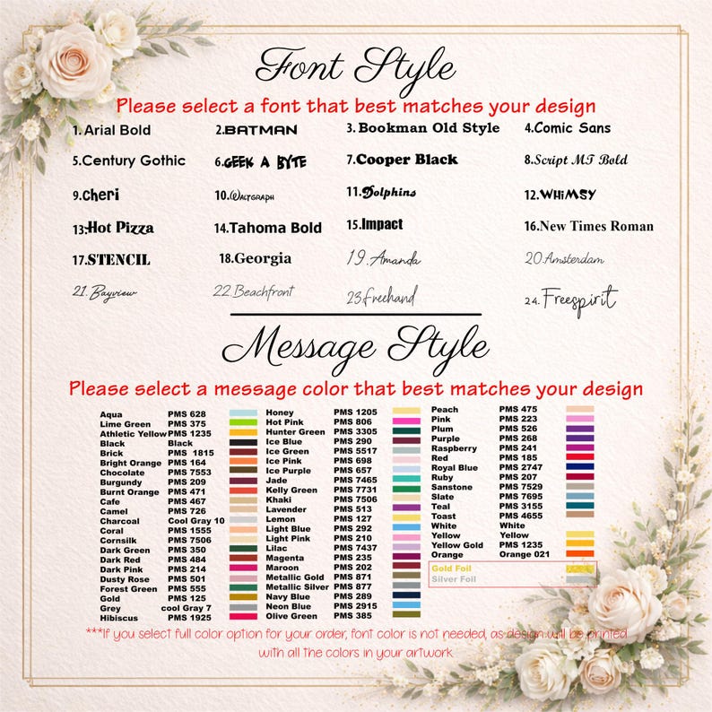 May include: A font and message colour selection chart featuring a list of 24 numbered font styles and a comprehensive grid of colour names with corresponding PMS codes, framed by floral illustrations and text instructions for design customisation.