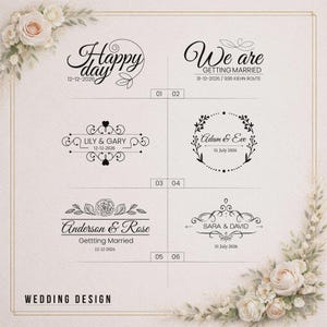 May include: A collection of six black ink wedding design templates on a light background, featuring floral accents and text including Happy day, We are GETTING MARRIED, names like Lily & Gary, Adam & Eve, Anderson & Rose, and Sara & David with dates.