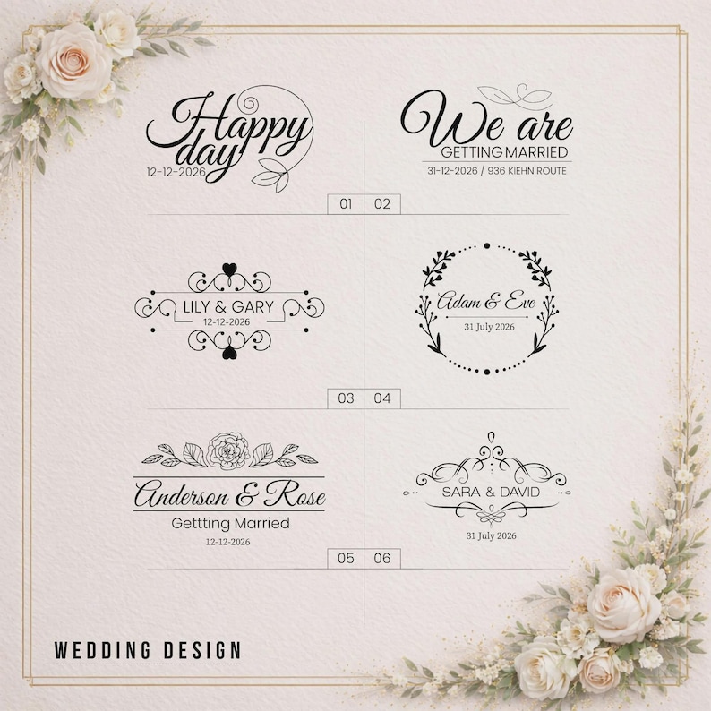 May include: A collection of six black ink wedding design templates on a light background, featuring floral accents and text including Happy day, We are GETTING MARRIED, names like Lily & Gary, Adam & Eve, Anderson & Rose, and Sara & David with dates.