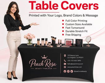 Custom Stretch Table Cover with Logo, Personalized Fitted Tablecloth, Trade Show Vendor Booth Display, Full Color Printed Table Covers