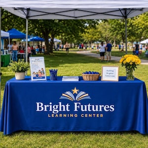 Puede incluir: Un mantel azul con el logotipo blanco y amarillo de Bright Futures Learning Center, que incluye una planta verde en maceta, un letrero, un portalápices azul, folletos, una cesta de bolas azules y un jarrón con girasoles amarillos.