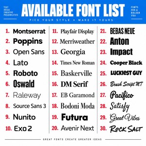 A typography selection chart displaying 30 different font options for custom tote bag printing. Fonts range from modern styles such as Montserrat, Poppins, and Open Sans to elegant serif fonts, bold display lettering, and handwritten script styles. The blue, white, black, and red layout makes each numbered font easy to compare.