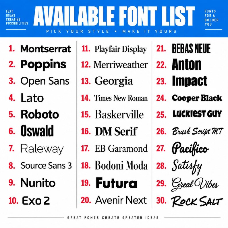 A typography selection chart displaying 30 different font options for custom tote bag printing. Fonts range from modern styles such as Montserrat, Poppins, and Open Sans to elegant serif fonts, bold display lettering, and handwritten script styles. The blue, white, black, and red layout makes each numbered font easy to compare.