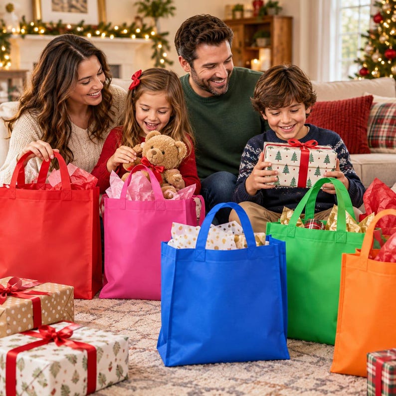 May include: A collection of vibrant, solid-colored reusable tote bags in red, pink, blue, green, and orange. Each bag features two sturdy handles and is filled with decorative tissue paper, positioned alongside several wrapped holiday gift boxes.