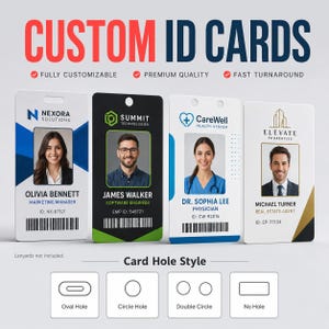 Op de afbeelding: Vier rechthoekige aangepaste ID-kaarten met werknemersfoto's, namen, functietitels en barcodes. De kaarten tonen logo's van Nexora Solutions, Summit Technologies, CareWell Health System en Elevate Properties. Hieronder staan vier stijlen voor kaartopeningen.