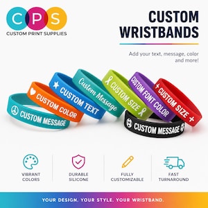 Pode incluir: Uma coleção de pulseiras personalizadas coloridas com texto branco. As pulseiras são de várias cores, incluindo turquesa, laranja, azul, verde, roxo, vermelho e preto. O texto inclui "Custom Message" e "Custom Size".