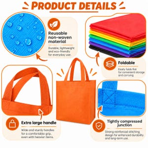 A clean product infographic highlighting the main features of reusable non-woven tote bags. It shows the textured, water-resistant-looking non-woven material, reinforced stitching, wide handles, foldable construction, and a central orange tote bag. Bright orange accents, icons, close-up material views, and colorful folded bags create a professional eCommerce presentation emphasizing durability, portability, and everyday usability.