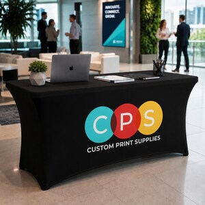 Custom Spandex Tablecloth for Beauty & Cosmetic Brands | Logo Fitted Table Cover for Trade Show Vendor Events