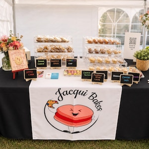 Könnte beinhalten: Ein Marktstandtisch mit schwarzer Tischdecke und weißem Läufer mit dem Jacqui Bakes Logo. Auf dem Tisch stehen durchsichtige, mehrstöckige Acrylständer mit einzeln verpackten Keksen und kleinen Kreidetafeln zur Beschriftung der verschiedenen Sorten.