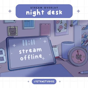 Night Lofi Desk Overlay Screens / Starting Soon / Be Right Back / Stream Ending / Stream Offline / Premade Twitch Overlays