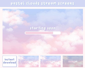 Pastel Clouds Stream Overlay Screens / Starting Soon / Be Right Back / Stream Ending / Stream Offline / Premade Twitch Overlays