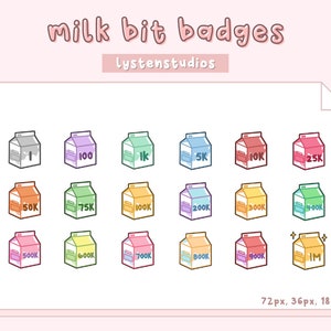 May include: A set of 15 colorful milk carton badges with numbers ranging from 1 to 1 million. The badges are designed to represent milestones or achievements.