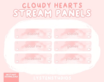 Painéis de stream de corações nublados / Dia dos Namorados / Estético / Kawaii / Streamer / Fofo / PAINÉIS DE TWITCH PRÉ-FABRICADOS