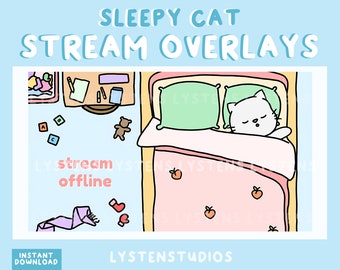 Telas de sobreposição de transmissão de Kitten in Bed / Começando em breve / Já volto / Fim da transmissão / Transmissão off-line / Sobreposições Twitch pré-fabricadas