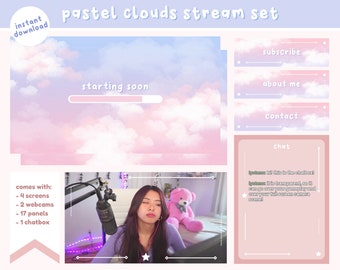 Conjunto de fluxo de nuvens celestiais em tons pastéis (personalizável) / painéis Twitch / cenas animadas / sobreposições Twitch