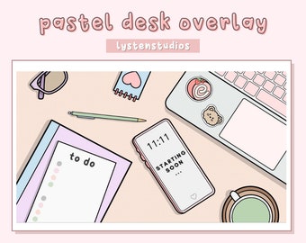 Telas de sobreposição do Lofi Pastel Desk / Começando em breve / Já volto / Final da transmissão / Transmissão off-line / Sobreposições Twitch pré-fabricadas