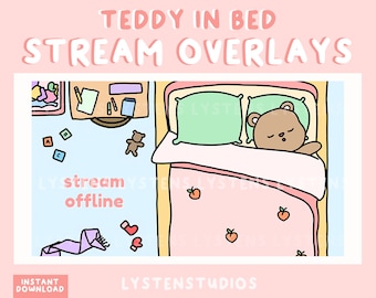 Telas de sobreposição de transmissão do Teddy Bear in Bed / Começando em breve / Já volto / Fim da transmissão / Transmissão off-line / Sobreposições Twitch pré-fabricadas