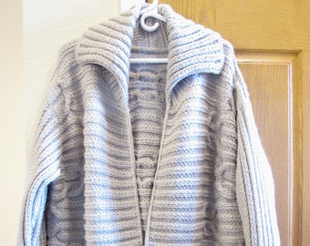 Handmade Knitted Long Cardigan: Ribbed Gray Acrylic Jacket