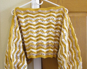 Women's Short Poncho Handmade Crocheted Golden-White-Gray Striped Sweater Poncho Pullover Cropped Top