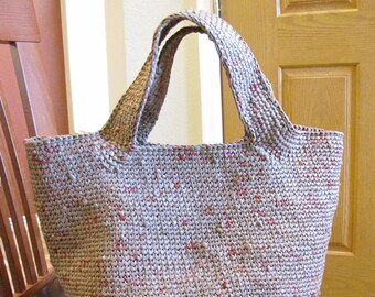 Women Handmade Crochet Brown Reusable Plarn Handle Bag Square Bottom Casual Bag Handbag