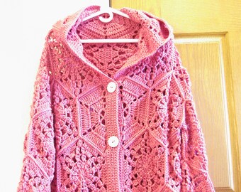 Women's Handmade Crocheted Dark Pink - Fucshia Hexagon  Hooded Jacket  Long Sleeve  3 Buttons