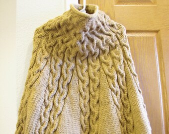 Women's Chic Poncho Handmade Camel Nice Blouse Knitted Braids with Cuffs