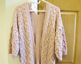 Handmade Knitted Long Cardigan – Brown Bamboo Sparkle Open Front Jacket