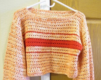 Women's Sweater Handmade Crochet Cherry Red Cropped Top Pullover Long Bell Sleeve