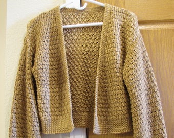 Chaqueta de mujer de punto hecha a mano, cárdigan corto color avellana, chaqueta corta de manga larga con abertura frontal