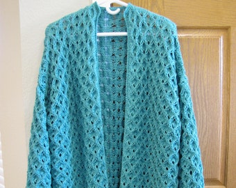 Women's Jacket Handmade Knitted long Honeycomb Cardigan Pool-Green Long Sleeve Open Front Coat