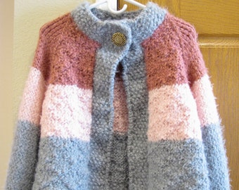 Handmade Knitted Cropped Cardigan – Sage, Pale Pink & Rose