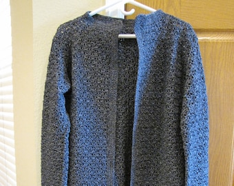 Handmade Crochet Cardigan - Extra Long Navy Gray Open Front Jacket