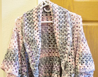 Women's Cardigan Handmade Crocheted Jacket Purple Black with Lapels 1/2 Wide Sleeve