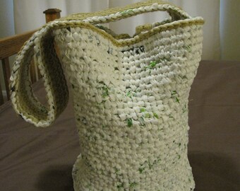 Handmade White Crochet Plarn Bucket Bag, Women's Shoulder Bag