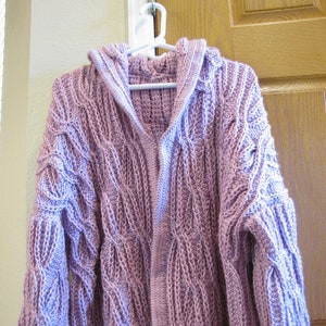 Women&#39;s Jacket with a Hood Handmade Knitted Pink-Prism Hooded Oversized Cardigan Open Front Long Sleeve