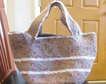 Women Handmade Crochet Brown-White Reusable Plarn Handle Bag Square Bottom Casual Bag Handbag