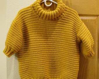 Women's Cropped Top Knitted Handmade Mustard Pullover Short Sleeves Golf Collar Sweater Waist Length.