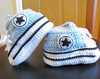 Handmade Crochet Baby Sneaker Booties, Sky Blue Converse Style