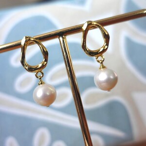 gold abstract pearl drop earrings; modern minimalist statement jewelry; elegant dangle earrings for women; 925 silver plate gold