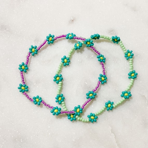 Purple Daisy Flower Beaded Bracelet Seed Beads Chain Bracelet Trendy  Jewellery