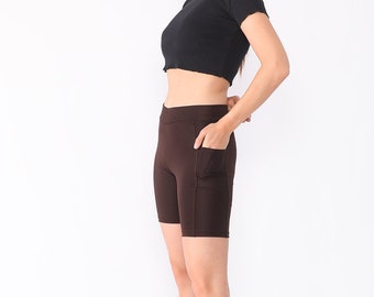 Brown Women Yoga Shorts Pocket, Sports Gym Fitness Activewear Shorts, Running Biker Workout Shorts, Low Waisted Dancer Shorts, Casual Shorts