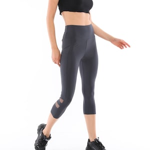 Smoked (Charcoal) Capri Leggings with Pockets – Women’s High-Waist Workout/Yoga Capris, Squat-Proof Athleisure & Everyday Wear